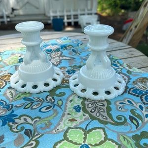 Westmoreland Glass White Milk Glass Doric Lace Trim Candle Holders Set of Two